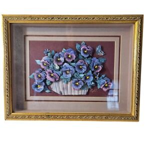 Vintage 3D Paper Tole Pansy Floral Shadow Box Gold Ornate Frame Signed L.H.C.